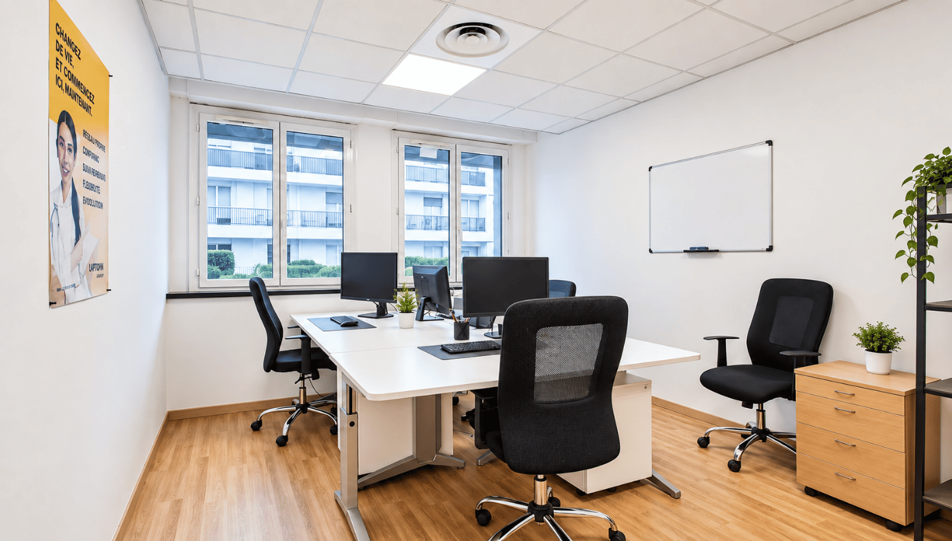 Bureau opéré Hiptown à Marseille Negresko avec postes de travail équipés, fauteuils et tableau blanc.