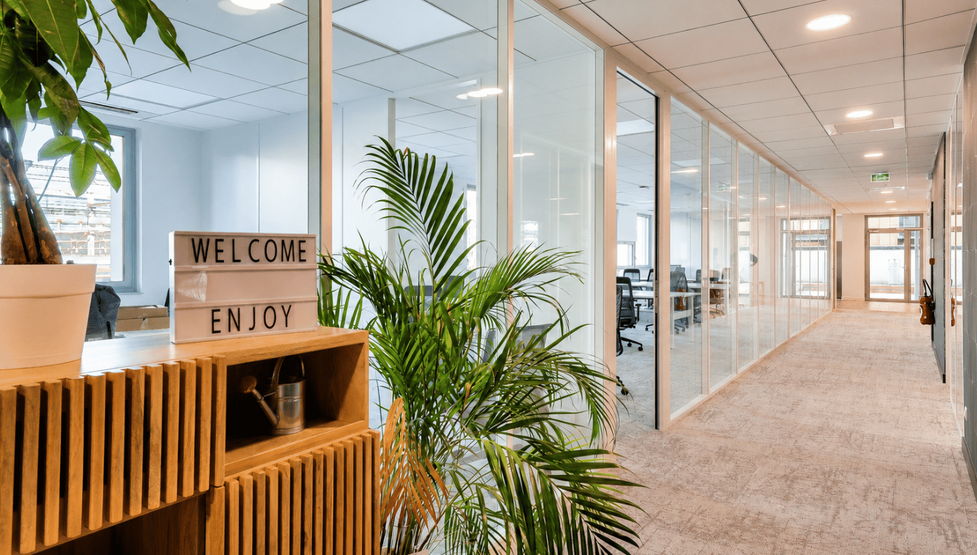 Couloir de Part-Dieu Equinox desservant des bureaux fermés vitrés, avec des plantes et un meuble d’accueil.