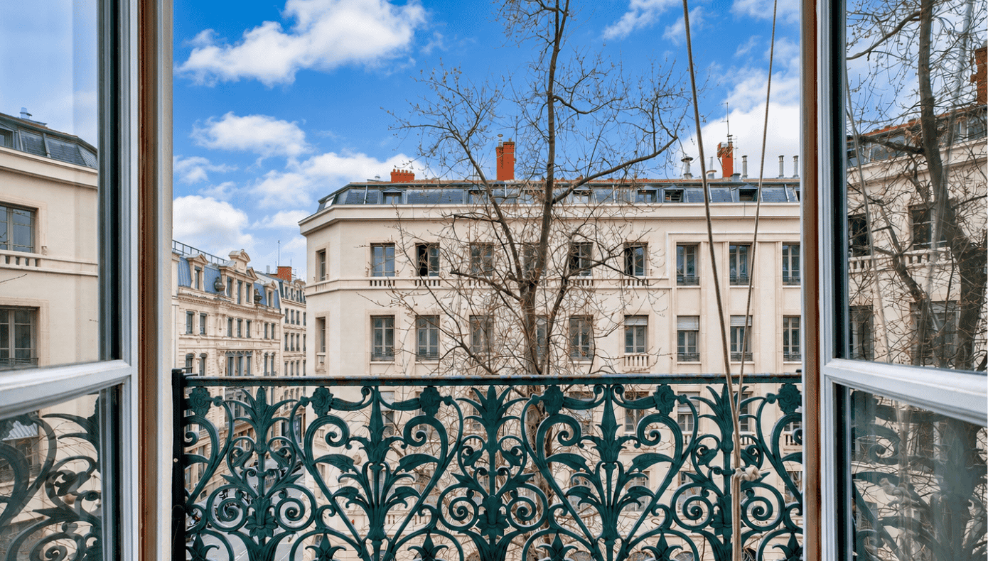 Vue depuis l’espace Hiptown de Lyon sur les immeubles voisins, à travers une fenêtre et un garde-corps ouvragé