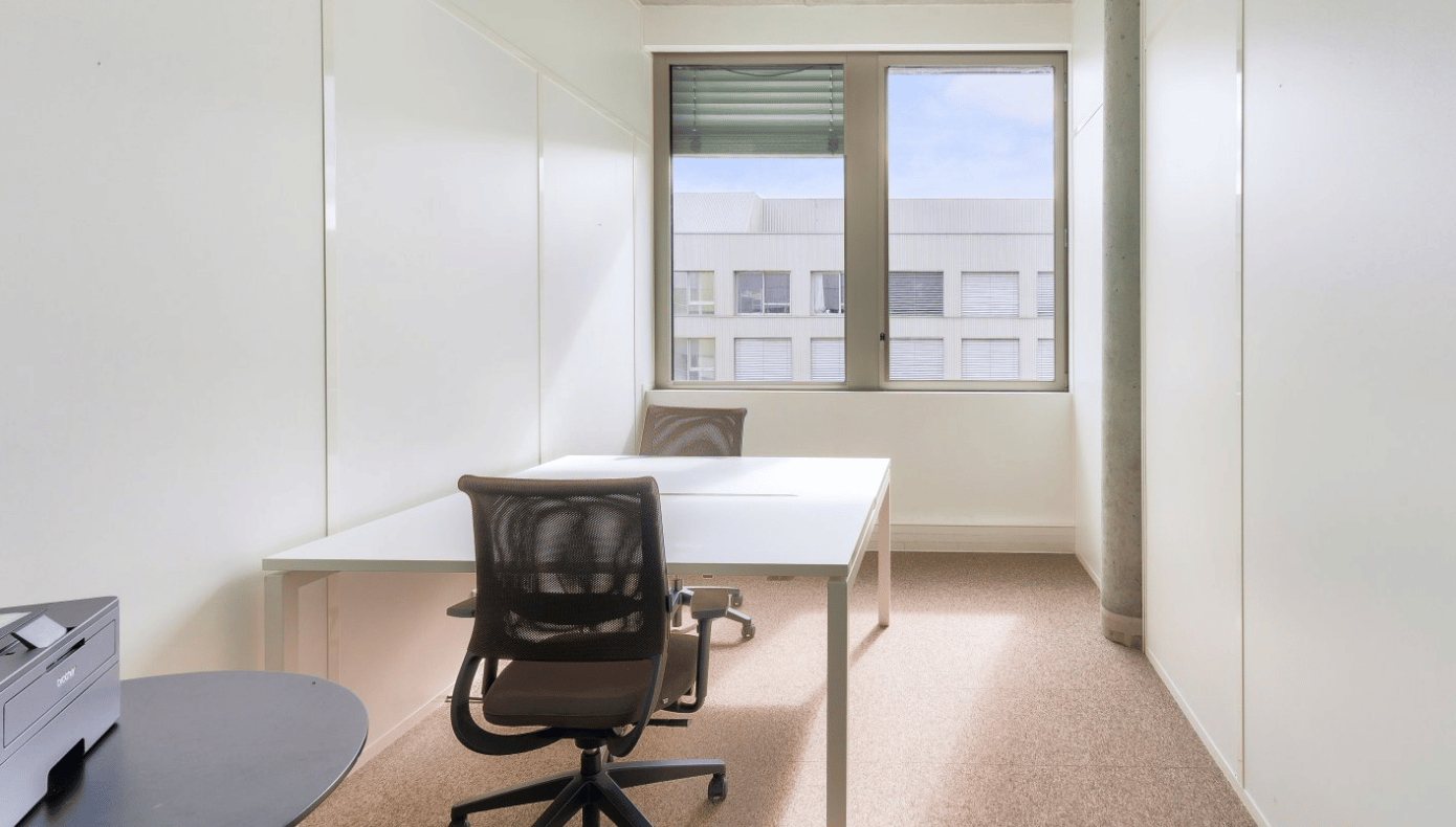 Bureau privatif lumineux de 2 postes avec deux sièges de travail, grande fenêtre et mobilier sobre à Bordeaux.