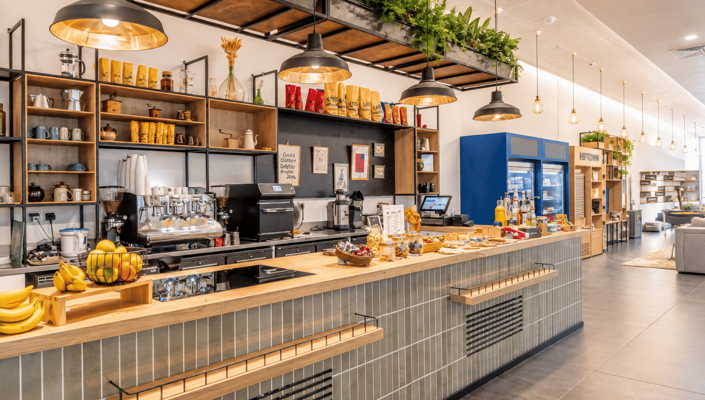 Espace café Hiptown avec comptoir, machine à café, boissons, fruits et étagères de rangement.