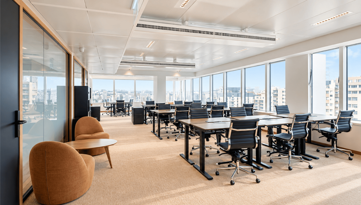 Bureau privatif à Levallois avec plusieurs postes de travail, coin assises et grandes baies vitrées.