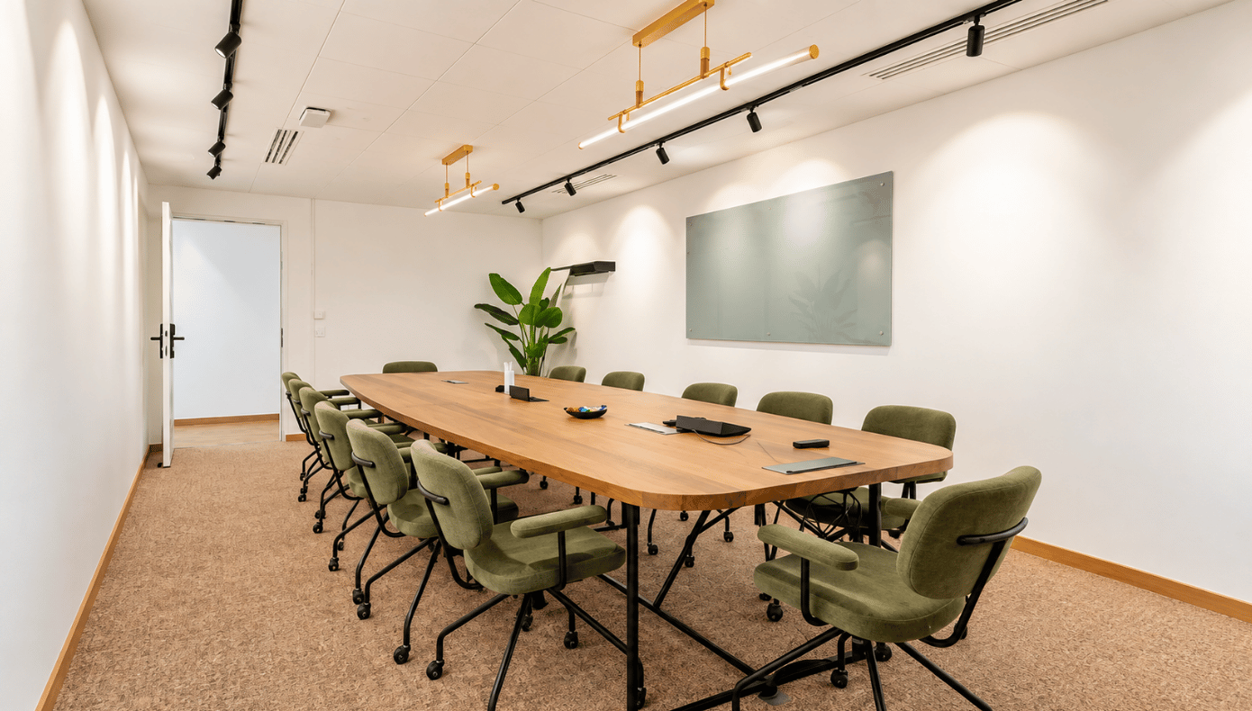 Salle de réunion à Levallois avec grande table en bois, fauteuils verts et tableau mural en verre.