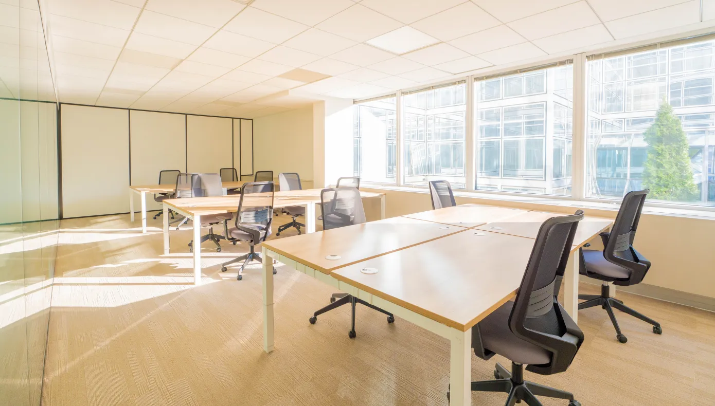 Open space aménagé près des fenêtres Open space avec plusieurs bureaux, chaises à roulettes et grandes fenêtres donnant sur un bâtiment voisin.