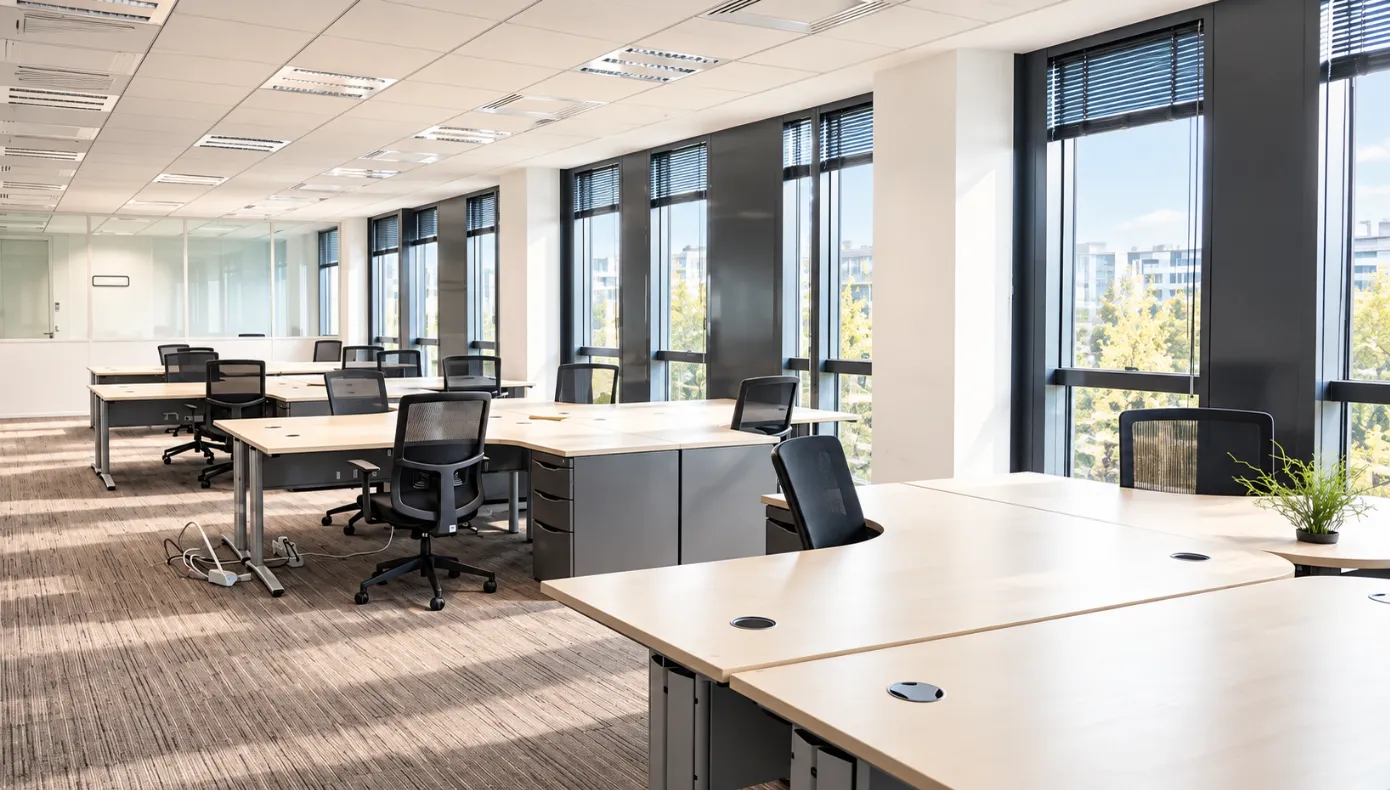 Open space de bureaux opérés à Asnières-sur-Seine Open space de bureaux opérés à Asnières-sur-Seine, avec postes de travail, grandes fenêtres et cloisons vitrées.