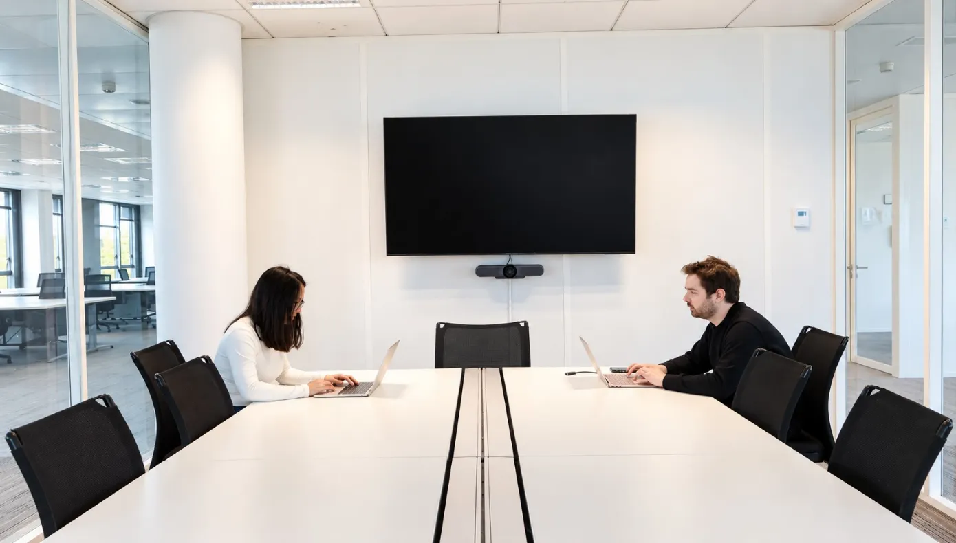 Salle de réunion équipée – Hiptown Front Office à Asnières-sur-Seine Salle de réunion équipée Hiptown Front Office à Asnières-sur-Seine, avec grand écran, table et fauteuils.